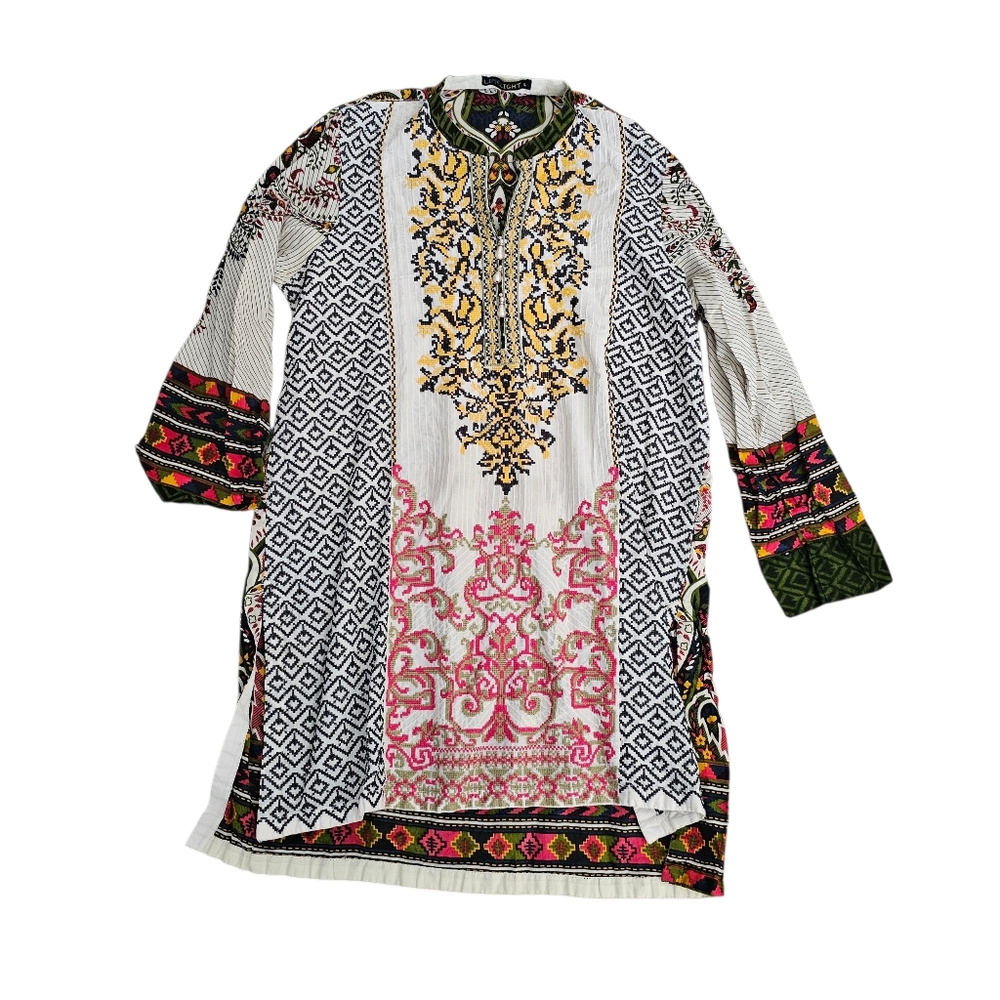 Limelight Embroidered Kurta Large White Floral‎ Tunic Dress Cotton Cover-Up Boho
